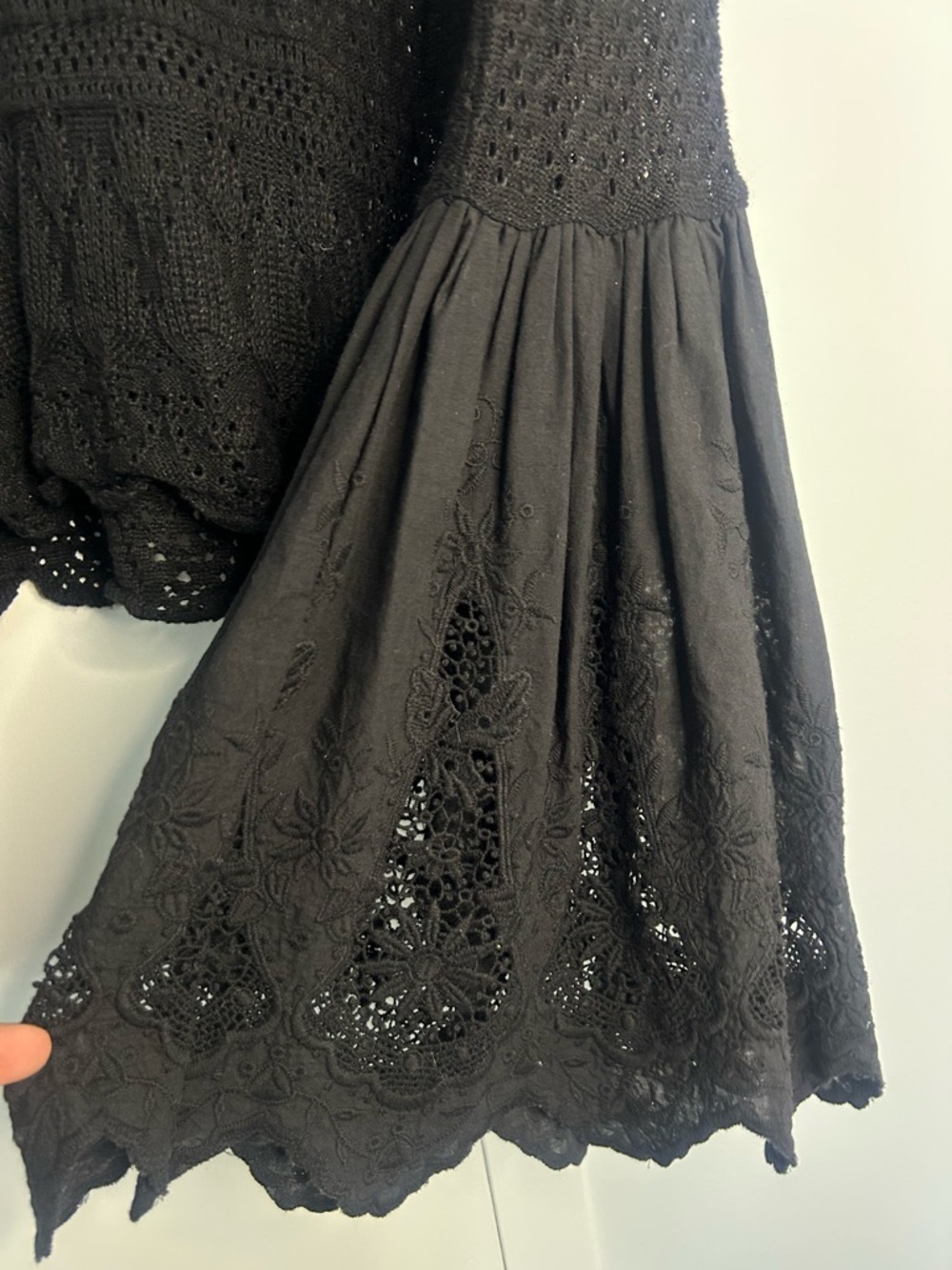 Free People Women Black Crochet Lace once upon a time Bell-Sleeve Blouse Size 6 - Picture 6 of 12